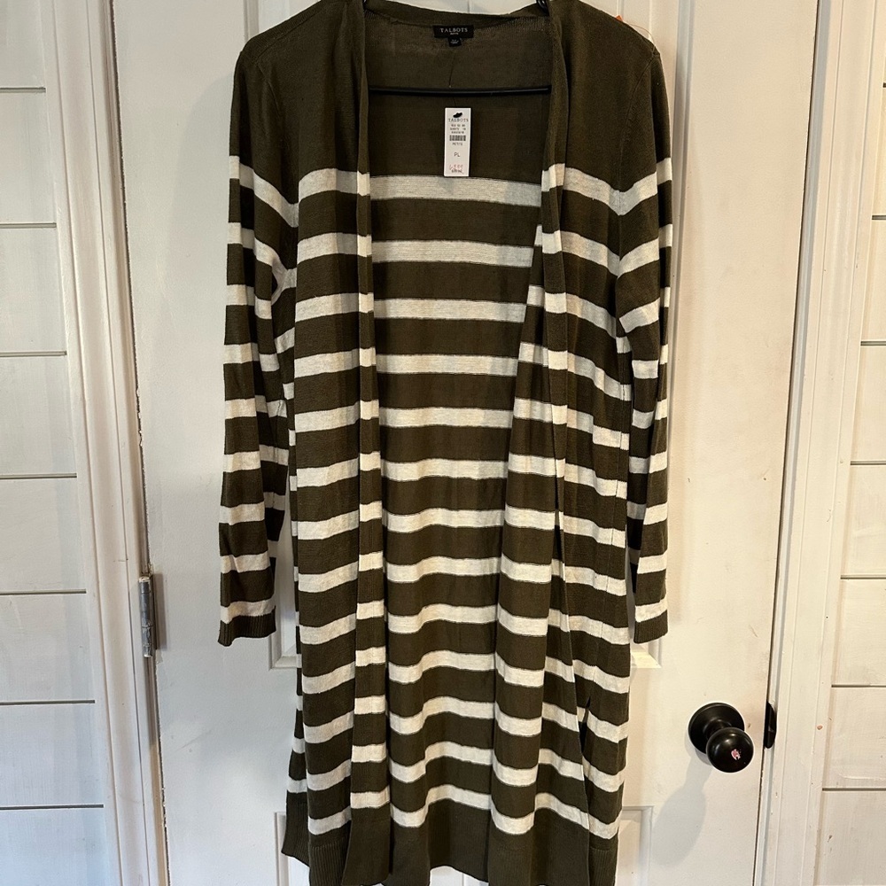 Talbots Green and White Striped Cardigan